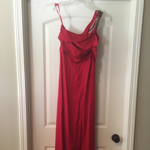 Red Silk One Shoulder BCBG Floor Length Gown - Picture 4 of 6